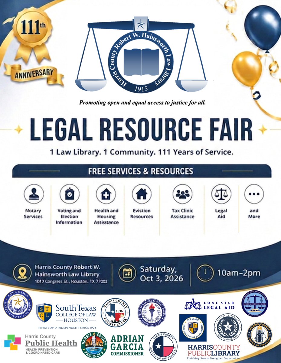 HCLawLibrary's tweet photo. 📣 THIS SATURDAY! 🎉 Join the Harris County Robert W. Hainsworth Law Library for our Legal Resource Fair as we celebrate 111 years! ⚖️ Connect with FREE legal resources, information &amp; assistance. 📲 Scan the QR code to register today!
#HarrisCountyLawLibrary #LegalResourceFair https://t.co/aBoROVj9rw