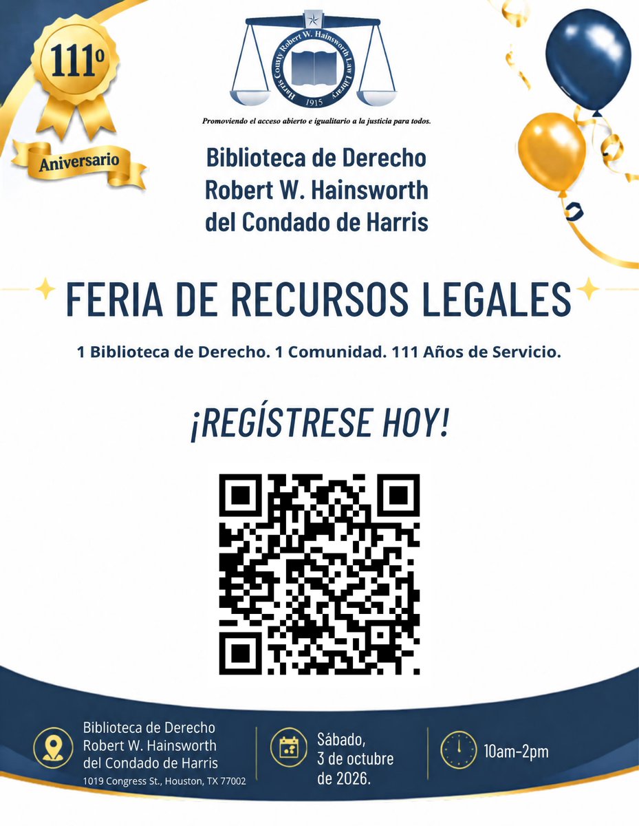 HCLawLibrary's tweet photo. 📣 THIS SATURDAY! 🎉 Join the Harris County Robert W. Hainsworth Law Library for our Legal Resource Fair as we celebrate 111 years! ⚖️ Connect with FREE legal resources, information &amp; assistance. 📲 Scan the QR code to register today!
#HarrisCountyLawLibrary #LegalResourceFair https://t.co/aBoROVj9rw