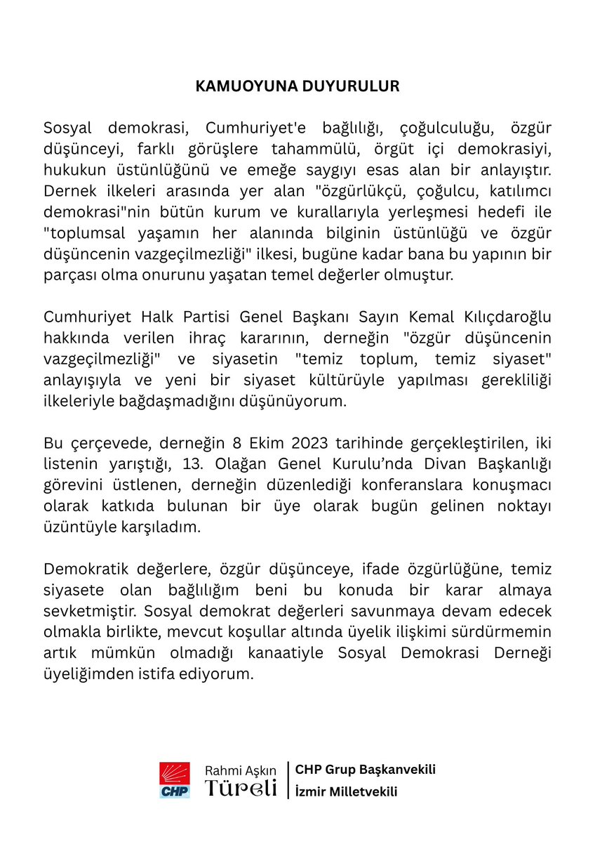 ratureli's tweet photo. Kamuoyuna duyurulur...

Sosyal demokrat değerleri savunmaya devam edecek olmakla birlikte, mevcut koşullar altında üyelik ilişkimi sürdürmemin artık mümkün olmadığı kanaatiyle Sosyal Demokrasi Derneği üyeliğimden istifa ediyorum. https://t.co/ZK6JwTS5U2