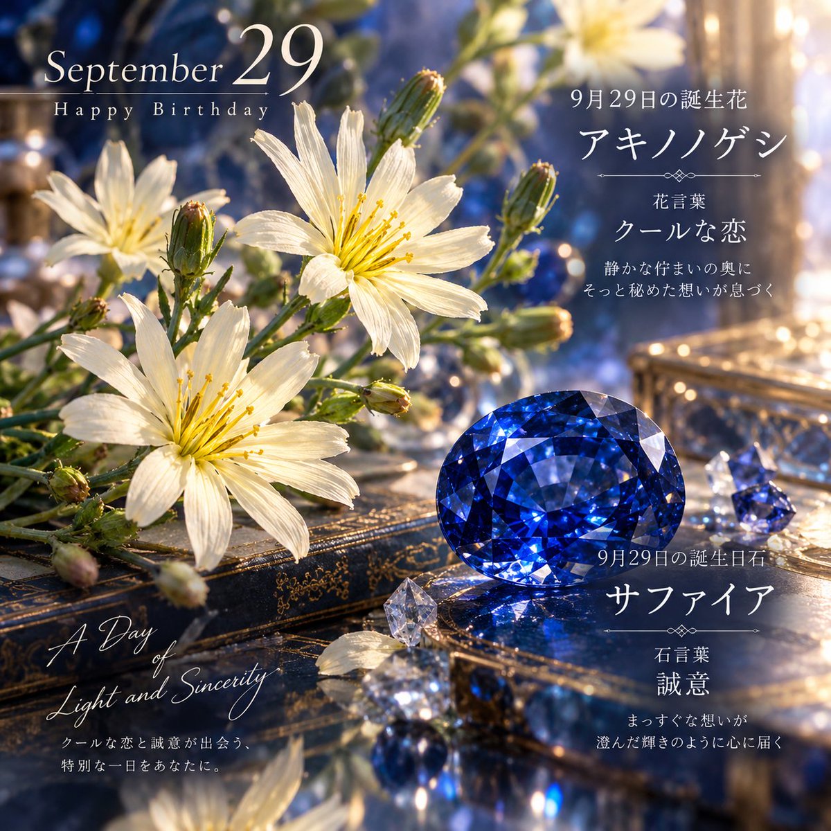 s_e_n_chan's tweet photo. 9月29日の誕生花は、すっと風に揺れるアキノノゲシ🌼

花言葉は「クールな恋」。

静かな佇まいの奥に、そっと秘めた想いが息づくようです。

そして誕生日石は、深い青がきらりと澄むサファイア💎

石言葉は「誠意」。

やわらかな花びらと凛とした青い輝きが重なり、さらさら、きらきらと心地よい余韻を描きます。

華やかに語りすぎなくても、大切な気持ちは静かに伝わっていく。

「クールな恋」と「誠意」が出会う、9月29日だけの幻想的なバースデーアートです✨

今日という一日が、澄んだ光に包まれる特別な記念日になりますように。

#誕生花 #誕生日石

Created with GPTs by @mido_lucci