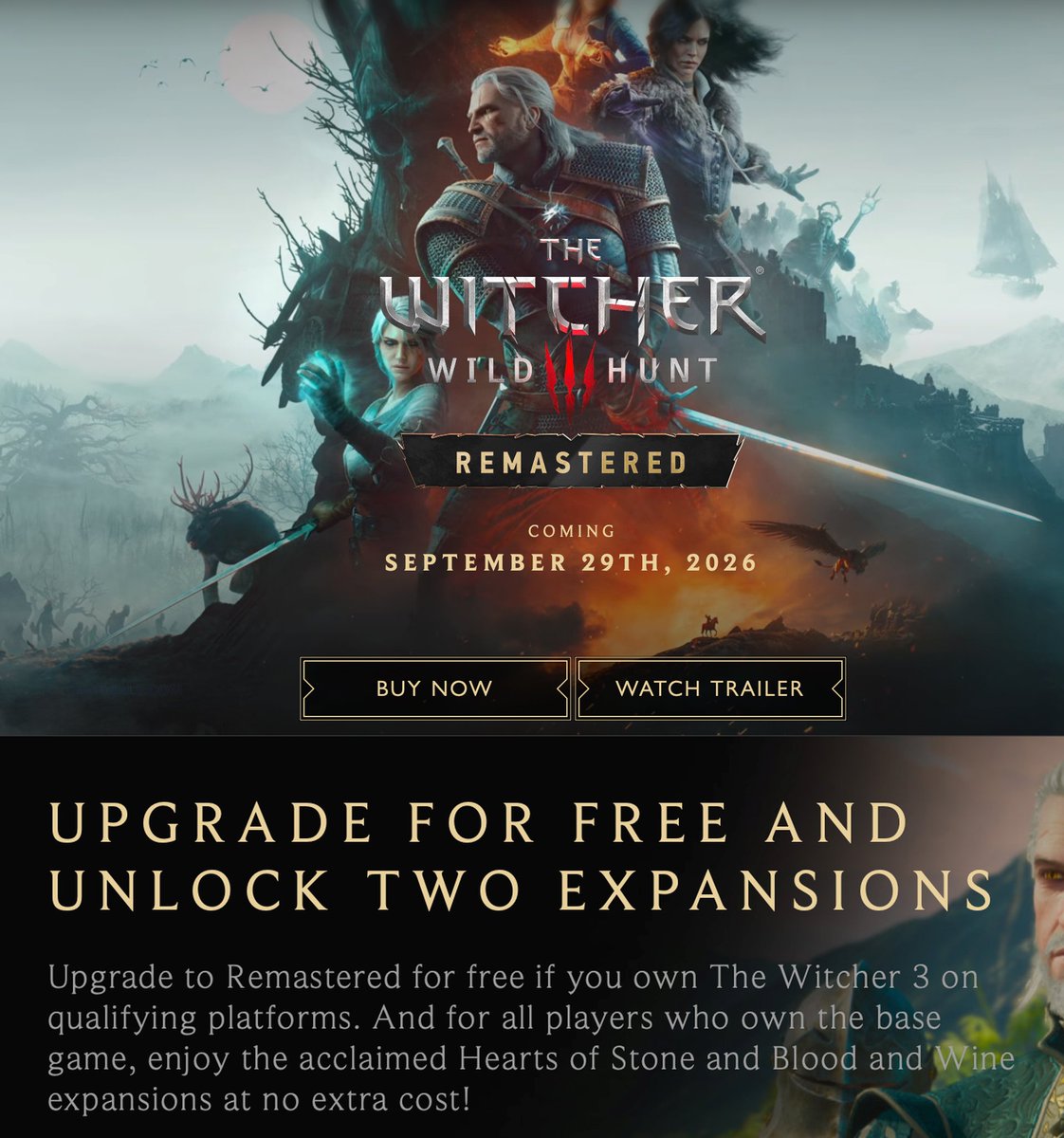 clrexplorer's tweet photo. FREE WITCHER 3 REMASTERED UPGRADE TOMORROW 🚨

Witcher 3 owners get Remastered at no cost on current consoles and PC, Sept 29

Both expansions are included free.

https://t.co/sDab7cTByU

Set up alerts so you get the reminder when we send it!

#ad https://t.co/ZJ2MIcOqCs