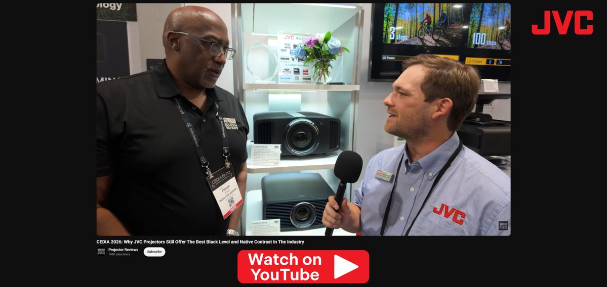 JVC_USA's tweet photo. Will Goldman of @JVC_USA Home Theater Projectors speaks with Philip Jones of @ProjectorReview on the power behind JVC Projectors &amp; how they offer the best black levels and Native Contrast in the industry. https://t.co/42IUgYgjlk

#JVC #JVCProjectors #ProjectorReviews #HomeTheater https://t.co/cHgJMWatA9