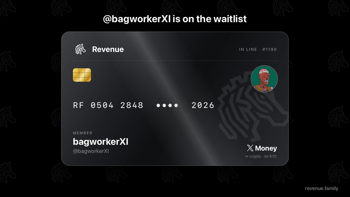 bagworkerXl's tweet photo. @RevenueFamily @XMoney #1190. Waiting for launch.

Cash out X Money to crypto in minutes, no KYC required.

@RevenueFamily https://t.co/7AdXlo49fr