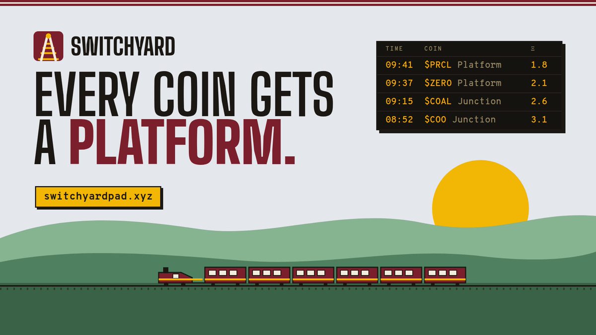 switchyardxyz's tweet photo. Switchyard is on the timetable.

Coin launchpad on Robinhood Chain. Every coin leaves Platform 1 at 1.7 ETH and rides the line up to Terminus.

1B supply · 75% locked pool · 5% of every trade to the creator

Board's up: https://t.co/Pjz6OMkVPI
First departures soon 🚂 https://t.co/2OA86wlZ6b
