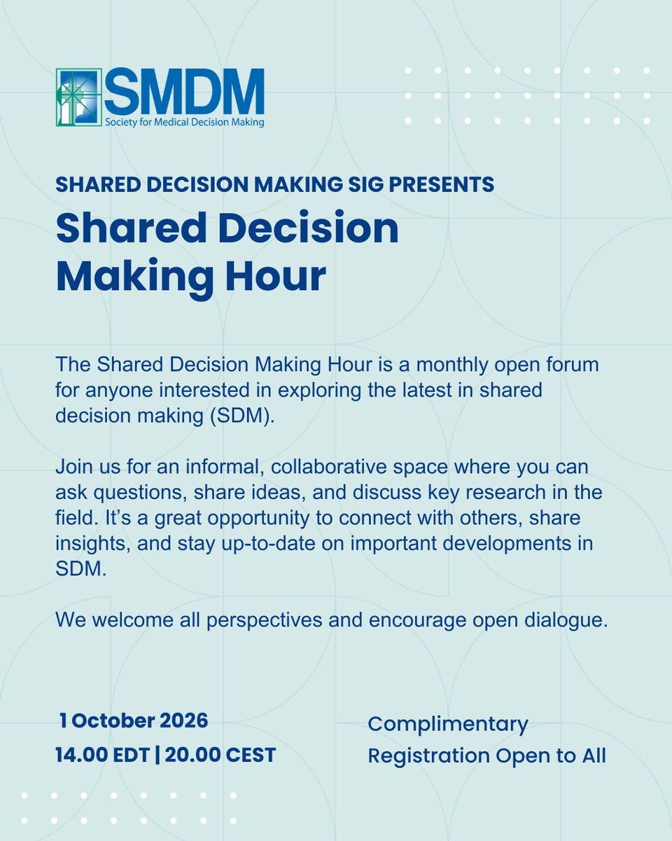 socmdm's tweet photo. Coming up Thursday! Join us for Shared Decision Making Hour - an open forum for anyone interested in exploring the latest in shared decision making. We welcome all perspectives and encourage open dialogue! #SDM #SIGs #SMDM Learn more &amp; register: https://t.co/bSLawQQPMB https://t.co/VPYI3jy5J2