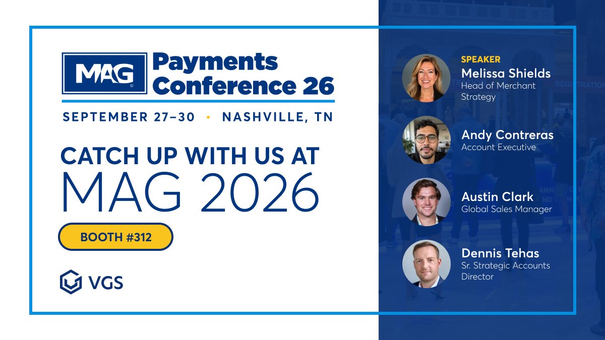 getVGS's tweet photo. This week, the @getVGS team is in Nashville, TN, for the #MAGPaymentsConference, and we have a lot planned:

📅 Head to VGS booth #312  to talk about all things payments and how our #CardManagementPlatform enables merchants with multiple data locations or PSPs to maintain control over their card data.

🍽️ Tonight, we're hosting Tokens & Toasts, a private mixer at 5:30 PM CT. 
Register your interest 👉  https://t.co/N4lQuKi2oV

🎤 Tomorrow, VGS's Melissa Shields will be speaking on a panel, "Architecting for Autonomy: Transaction Flows in the Age of AI Agents," with @Sony @PlayStation's Brian Cullen and @Walmart 's Sarah Arnio. The session will be held at the Volunteer Ballroom A-B from 10:45 - 11:15 AM CT.

Can't make the event? No problem. Check out our Events Calendar to see where the VGS team will be next: https://t.co/GaYnK8CsBs

#MAG2026 #MAGPaymentsConference #Payments #VGS #CardManagement #AgenticCommerce