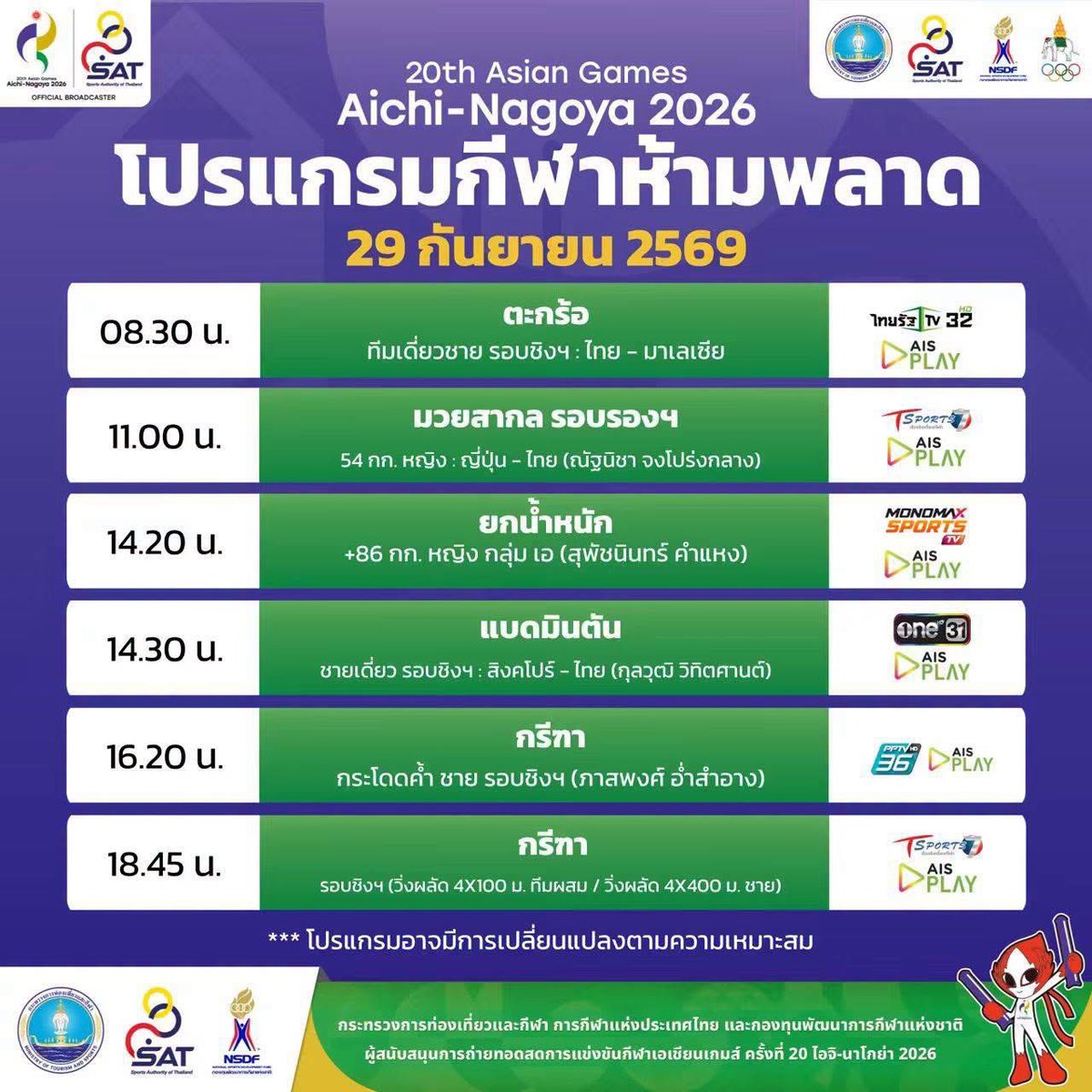 lisaxarm's tweet photo. คนไทยมูฟให้ไว พรุ่งนี้ วันอังคารที่ 29 
ทีมนักกีฬาไทยมีลุ้น เหรียญ 🥇🥈🥉

1.เซปักตะกร้อ ทีมชายเดี่ยว รอบชิง 🥇🥈
ทีมไทย 🇹🇭 พบ มาเลเซีย 🇲🇾 เวลา 08:30 น.
ไทยจะล้างแค้นคืนได้มั้ยมาลุ้นกันชนะเพื่อ 🥇

2. ยกน้ำหนัก รุ่น 86 กก. หญิง
สุพัชนินทน์ คำแหง 🇹🇭 เวลา14:20น.

3.แบดมินตัน ชายเดี่ยว รอบชิง🥇🥈
วิว กุลวุฒิ วิทิตศานต์ 🇹🇭 พบ สิงคโปร์ 🇸🇬
เวลา 14:30น. 

4.กรีฑา กระโดดคว่ำชาย รอบชิง🥇🥈🥉
ภาสพงค์ อ่ำสำอาง 🇹🇭 เวลา 16.20 น.

5.วิงผลัด4x100เมตร 
ทีมผสม/ทีมชาย รองชิง 🥇🥈🥉 เวลา18:45เป็นต้นไป

#เอเชียนเกมส์2026 #AsianGames2026