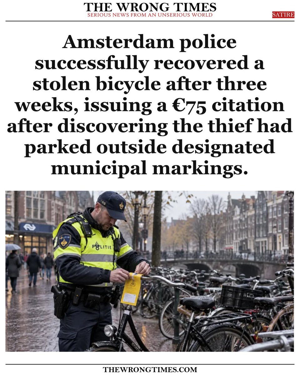 TheWrongTimes's tweet photo. Dutch police recover stolen bicycle, return it with parking fine attached.

Authorities noted that while the theft was unfortunate, the forty-centimeter parking violation remained measurable. https://t.co/rHKROxUlBS