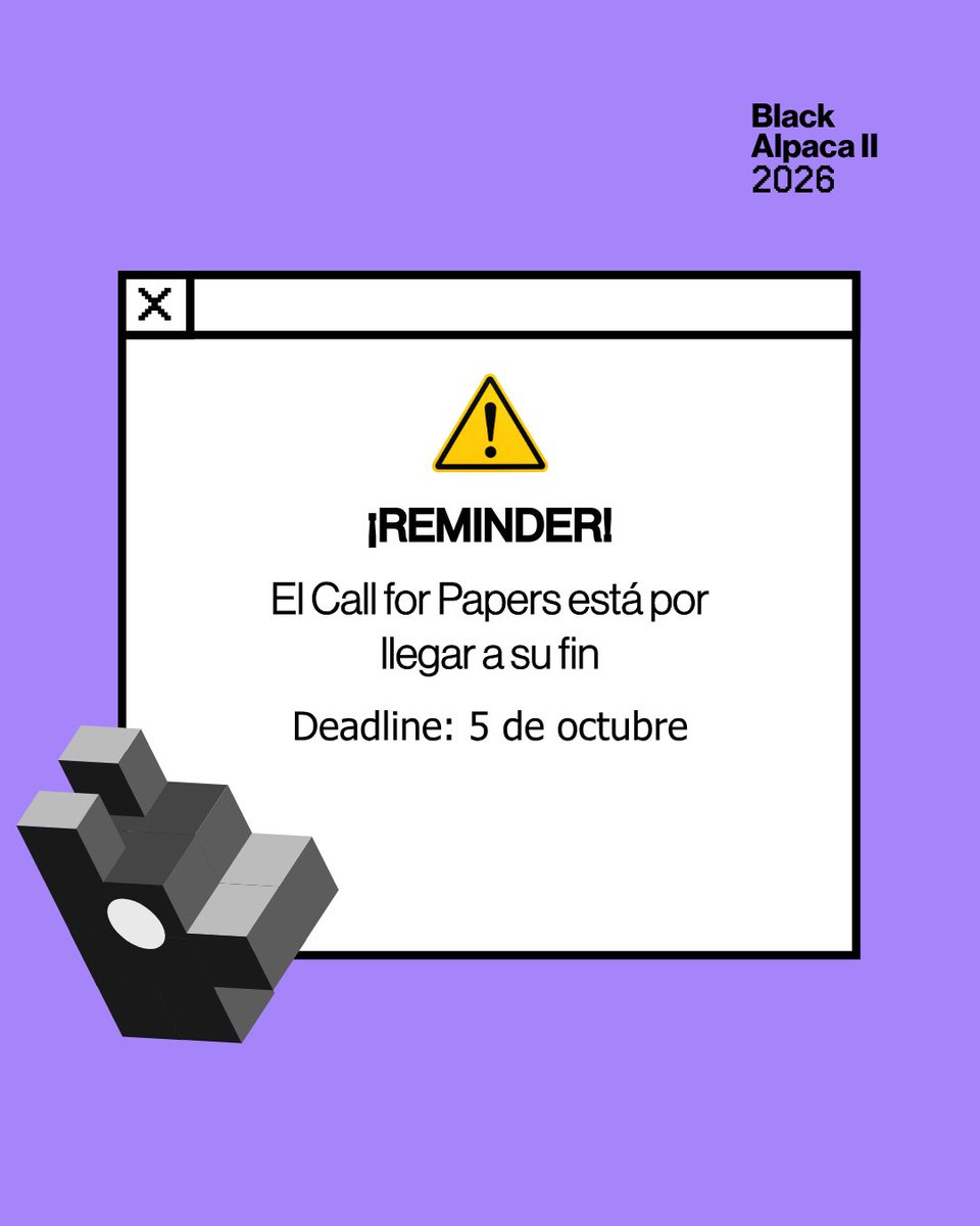 blackalpaca_org's tweet photo. 👀 Black Alpaca Reminder
 ¿Ya viste que el deadline se acerca?
 Tienes hasta el 5 de octubre para postular como speaker.
 👉 Enlace: https://t.co/pYkSGhXSNH 

#BlackAlpaca #ciberseguridad #securityconference #cybersecurityconference #CallforPaper #cybersecurity #InfoSec #Perú https://t.co/wyfFRc3YRM