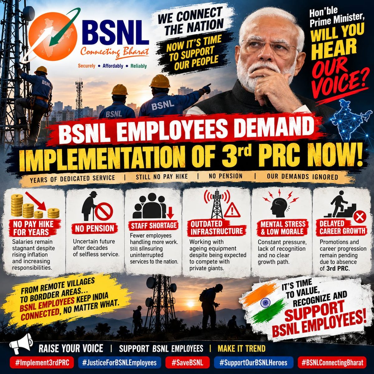 SNEAJKD's tweet photo. 🇮🇳 #BSNL को राष्ट्र की एक रणनीतिक परिसंपत्ति है।कर्मचारियों का मनोबल ऊँचा बनाए रखने के लिए, हम माननीय @narendramodi जी से विनम्र अनुरोध करते हैं कि 01.01.2017 से लंबित 3rd PRC को स्वीकृत करें
@sneachq @PemmasaniOnX @JM_Scindia @DoT_India
#3rdPRC_BSNL #Remove_Affordability_Clause https://t.co/MIUsxPmTMe