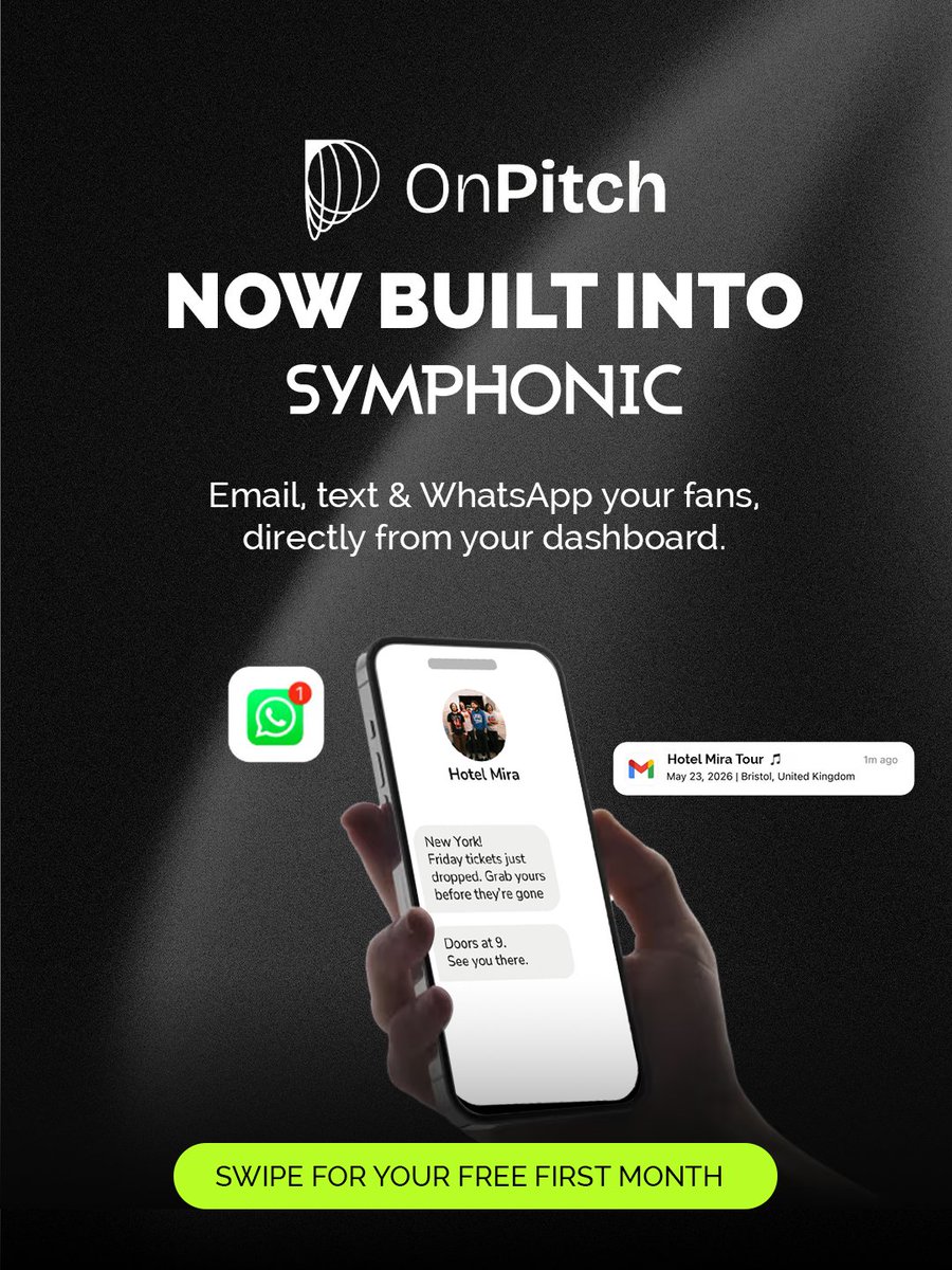 symphonicdistro's tweet photo. We’re excited to announce that we have partnered with OnPitch to make it easier for our artists to connect directly with fans via email, text, and WhatsApp. 🎊

Learn more // https://t.co/shr3GKXVc9 https://t.co/5QslRbAjeK