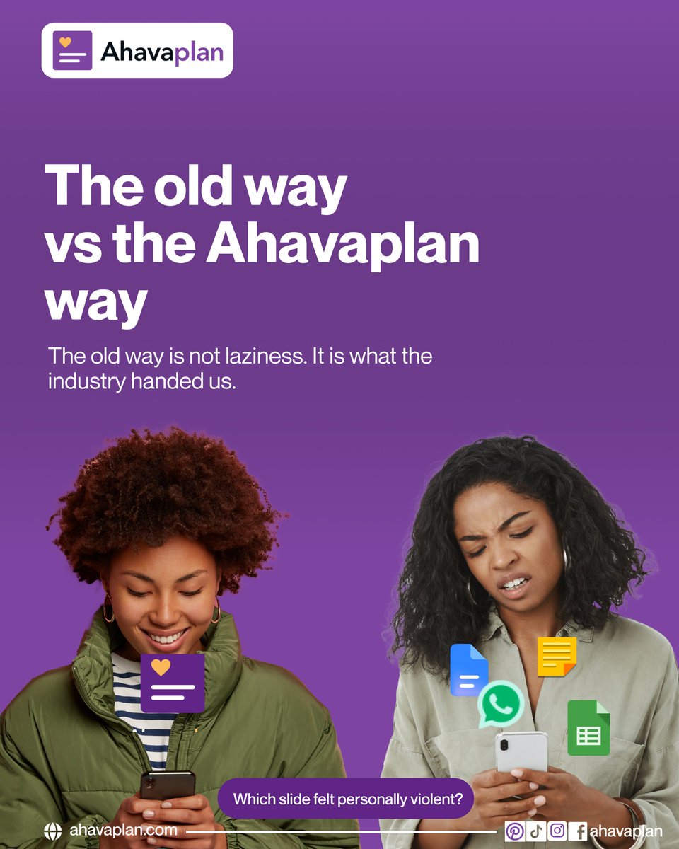 Ahavaplan's tweet photo. The old way: chat apps, spreadsheets, and hope.
The Ahavaplan way: fewer places for a ball to die.  
​Swipe through the slides and tell us which one felt personally violent. 👇  

​#EventPlanningApp #Ahavaplan #EventsInNigeria #EventPlanner #NigerianWedding https://t.co/V0t7wccR2N