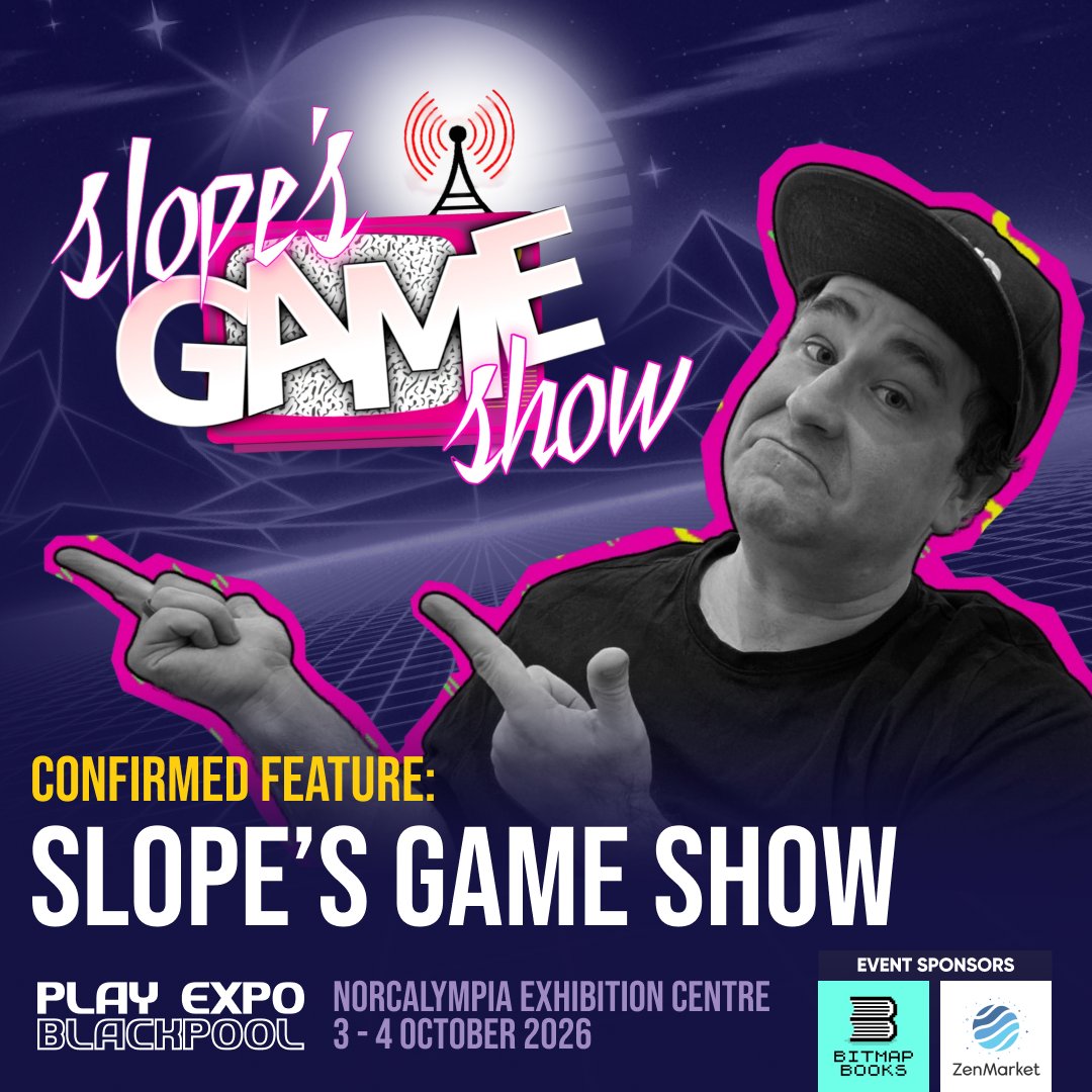 ReplayEvents's tweet photo. 📺 Confirmed PLAY Expo Blackpool 2026 stage feature : Slopes Game Show 📺

Supporter of PLAY Expo Blackpool, Dan Ibbertson AKA Slope's Game Room, is taking to the main stage this Sunday bringing his off the wall retro gaming show to our wonderful windy shores!

In his own words; "Slope's Game Show ditches the boring Q&A format for a purely visual trivia event filled with photoshopped box art, confusing retro commercials, and gaming movie tie-ins so bad you'll wonder how they ever got greenlit. It is the ultimate test of your retro knowledge where the stakes are non-existent, because at Slope's Game Show, there are no winners... only losers."

So join us Sunday and we can all be losers, together! 😂

Get tickets here 🎟 https://t.co/cRkcixneCp

Event Sponsors
@Bitmap_Books 📚 https://t.co/4GT9uNXVWN
@zenmarket_en 🗾 https://t.co/k5ab0MZnCy

#PLAYExpo #PLAYExpoBlackpool #PLAYExpoBlackpool26 #PXB26 #SlopesGameShow #RetroGaming #RetroGames #Pinball #ArcadeGaming #GamingCommunity #BlackpoolWhatsOn #BlackpoolEvents #BlackpoolDayOut