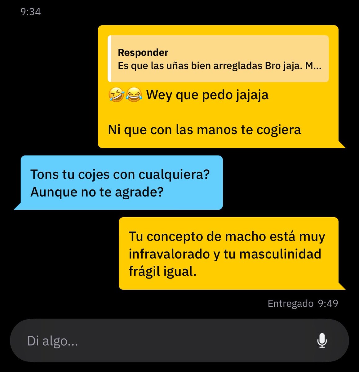 RodrigoSan69's tweet photo. Wey que pedo con los tolucos y su masculinidad frágil

El vato primero escribió y estaba mme y mme que le respondiera, me manda sus nudes que NADIE le pidió pero ok se le corresponde mandándole mi álbum y sale con sus mmds de mis uñas arregladas 🤣😂🫪🤡🤡 Watafak 😒🙄😑 https://t.co/zyAHOFcShq