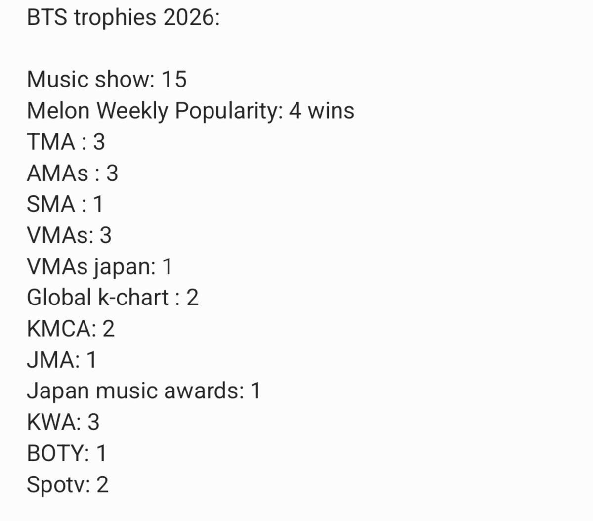 urmisope's tweet photo. BTS' total trophies in 2026 till now is 45. https://t.co/ppSyvSgUa6