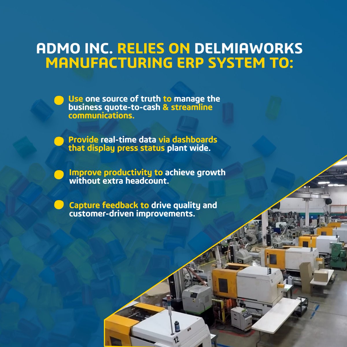 DELMIAWorks's tweet photo. ADMO Incorporated is a plastic injection molder based in Elgin, Illinois that runs 35 molding machines. The company uses our DELMIAWorks manufacturing ERP system to deliver full shop floor visibility in real time and build quality into every part. https://t.co/zVJLtwiYFW