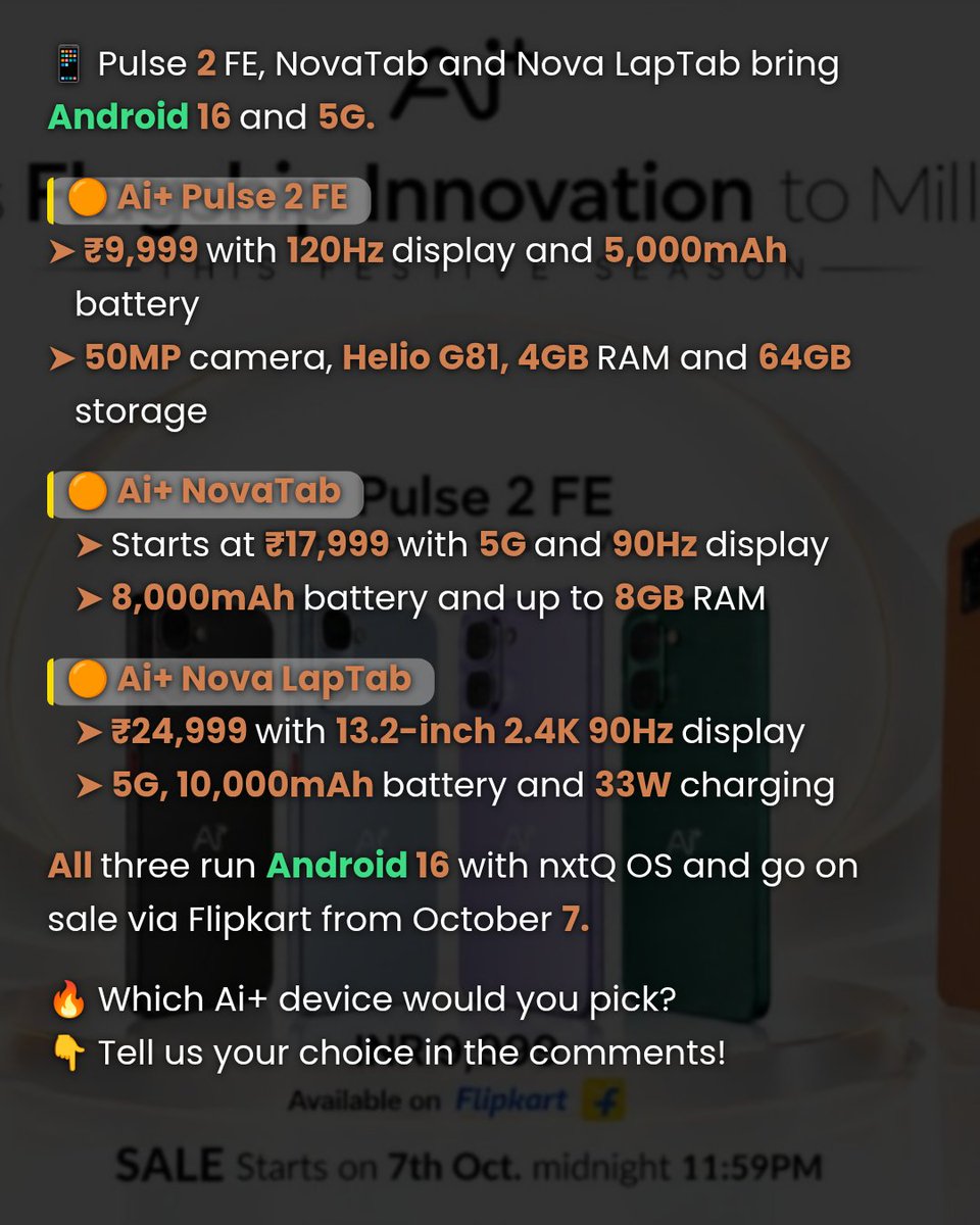 MobileTelco24's tweet photo. Ai+ launches Pulse 2 FE, NovaTab and Nova LapTab with Android 16 and 5G in India #TechNews #IndiaTech #MobileTelco https://t.co/L8IWDkYXsS