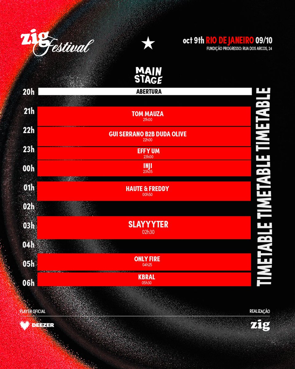 boateZIG's tweet photo. VAMOS DANÇAR? Confira os horários de todas as apresentações do ZIG Festival 2026 em SP e RJ. 

ZIG FESTIVAL SÃO PAULO
★ 10 de Outubro
★ A partir das 17h
★ PAVILHÃO+AUDIO - Av. Francisco Matarazzo, 694

ZIG FEST RIO
★ 9 de Outubro
★ A partir das 20h 
★ FUNDIÇÃO PROGRESSO - Rua dos Arcos, 24

🚨 Últimos ingressos: https://t.co/VT7VlEpTVI

#zigfestival #slayyyter