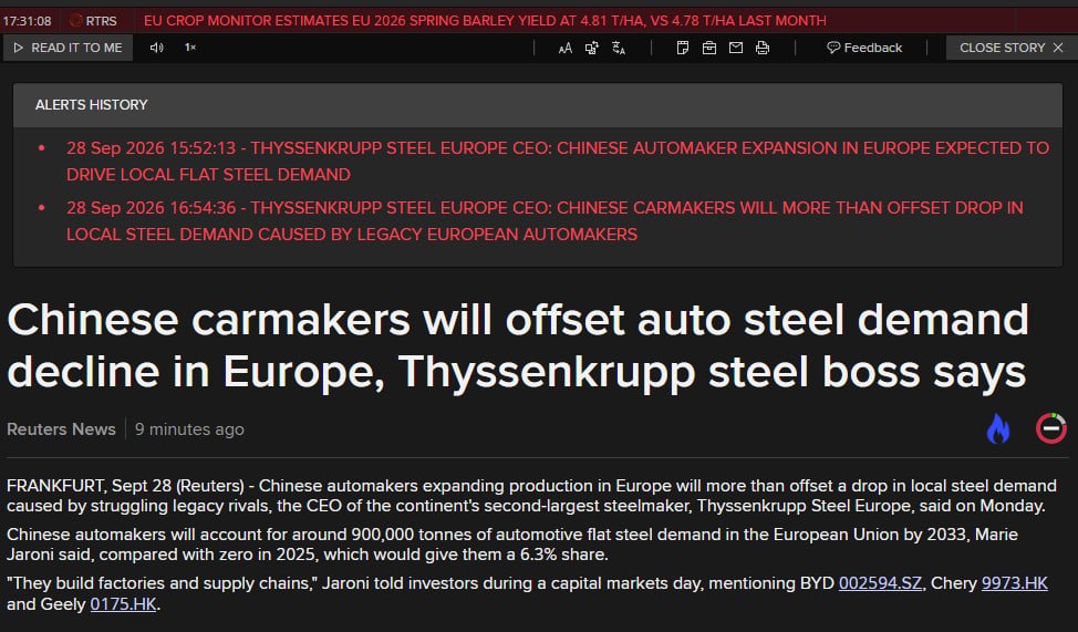 TCommodity's tweet photo. Qui c’è l’essenza del degrado in cui è caduta l’industria tedesca. Sostenere che la domanda cinese di acciaio proveniente dal settore automobilistico possa controbilanciare la perdita di volumi dell’auto europea è una delle cose più squallide che abbia letto negli ultimi mesi. https://t.co/57VkTlbeuk