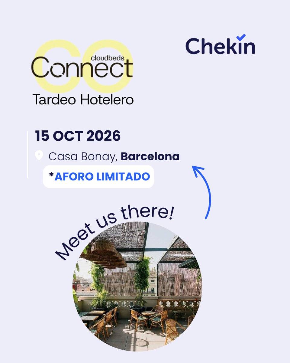 CheKinapp's tweet photo. El 15 de octubre estaremos en Casa Bonay junto a Cloudbeds y a otros profesionales del sector.
Sin presentaciones ni agenda. Solo conversaciones entre hoteleros, tapas y una buena tarde.
Plazas limitadas.
Reserva tu plaza: https://t.co/17CdMzOYDT https://t.co/h24G6qZq5C