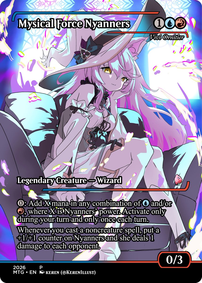 Kyubikirby's tweet photo. You like playing storm decks but it's taking too long to kill the table? try @NyanNyanners as Vivi, giving your storm turns an actual clock on the table! amazing art for this by @KerenIllust !

#nyanart
#MtVtuber https://t.co/ZUEHC33JN6