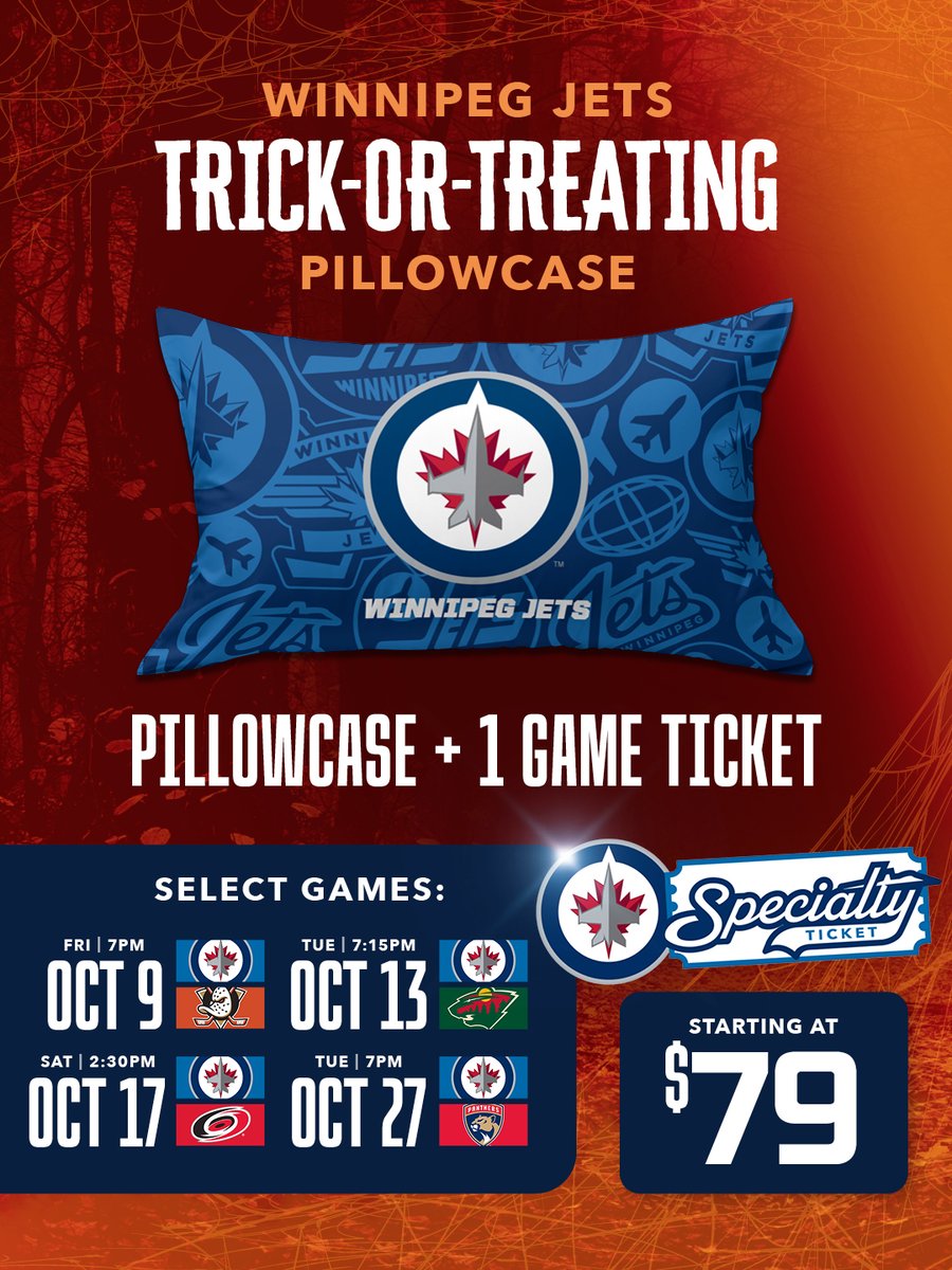 NHLJets's tweet photo. No tricks here, just TREATS 👻 🍬

Your specialty ticket includes a ticket to ONE game of your choice and a Winnipeg Jets pillowcase, perfect for trick-or-treating and collecting candy!

🎟️ https://t.co/B9uIDAgfdn https://t.co/q70Ecr1M4T