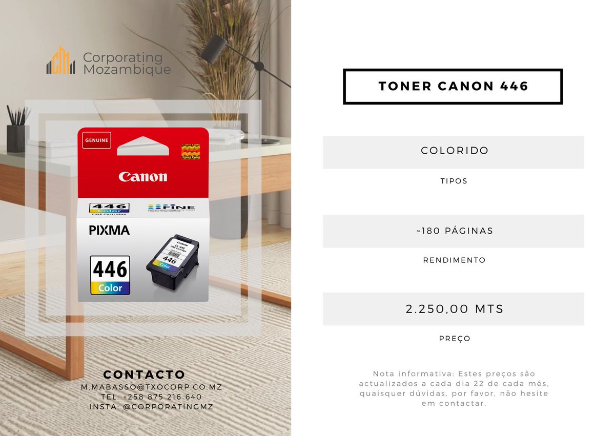 CorporatingMz's tweet photo. Toner Canon 446 

Colorido | ~180 p��ginas
Preço: 2.250,00 MTS
Original e de alta qualidade!
Peça já: +258 875 216 640

@CORPORATINGMZ
#TonerCanon #Canon446 #CorporatingMZ https://t.co/vvh1CoKF8P