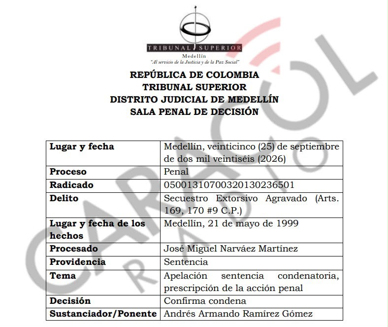 UltimaHoraCR's tweet photo. #Exclusivo | @CaracolRadio conoció que el Tribunal Superior de Medellín dejó en firme la condena de 28 años de cárcel contra José Miguel Narváez, exsubdirector del extinto DAS, por el secuestro de la entonces senadora Piedad Córdoba el 21 de mayo de 1999. Vía @Crriss88 

https://t.co/woHMRjVE2M