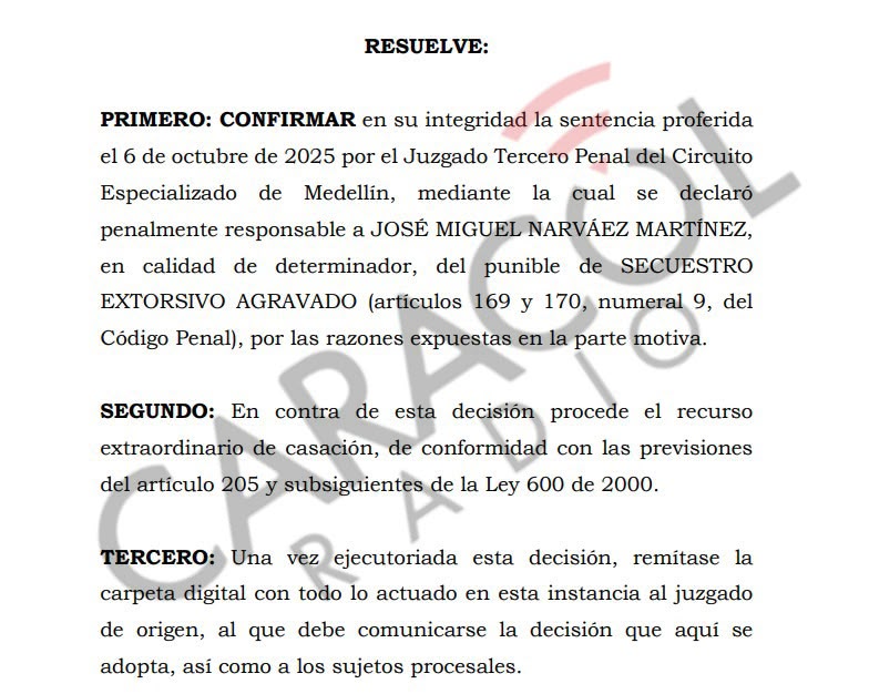 UltimaHoraCR's tweet photo. #Exclusivo | @CaracolRadio conoció que el Tribunal Superior de Medellín dejó en firme la condena de 28 años de cárcel contra José Miguel Narváez, exsubdirector del extinto DAS, por el secuestro de la entonces senadora Piedad Córdoba el 21 de mayo de 1999. Vía @Crriss88 

https://t.co/woHMRjVE2M