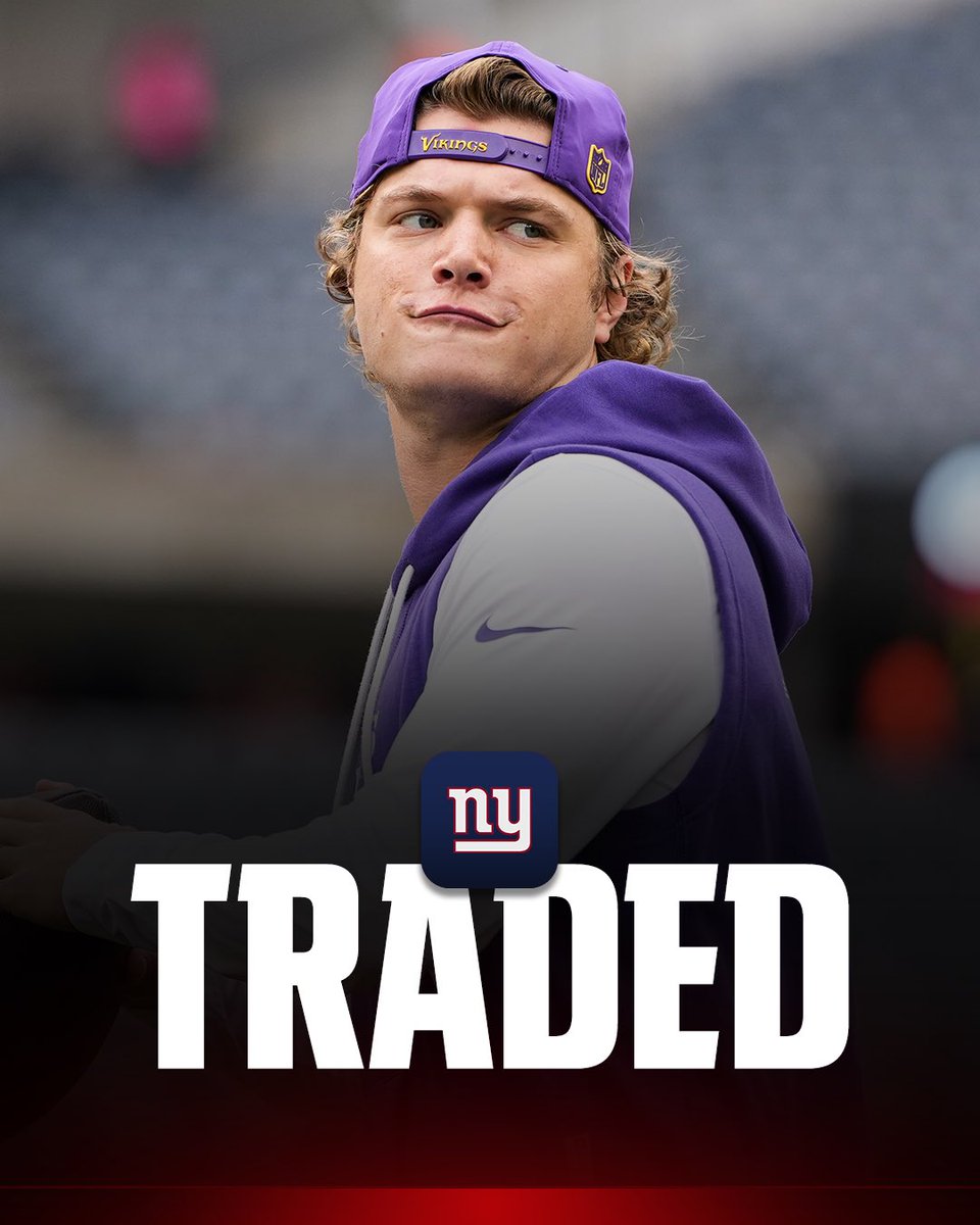 RapSheet's tweet photo. 🚨 🚨 🚨 

The #Giants are trading for #Vikings former first-round QB JJ McCarthy, per me, @AdamSchefter and @MikeGarafolo.

With Jaxson Dart out for the regular season, NYG acquires McCarthy to help solidify their room. An intriguing add. https://t.co/DtLG1SW4Sz