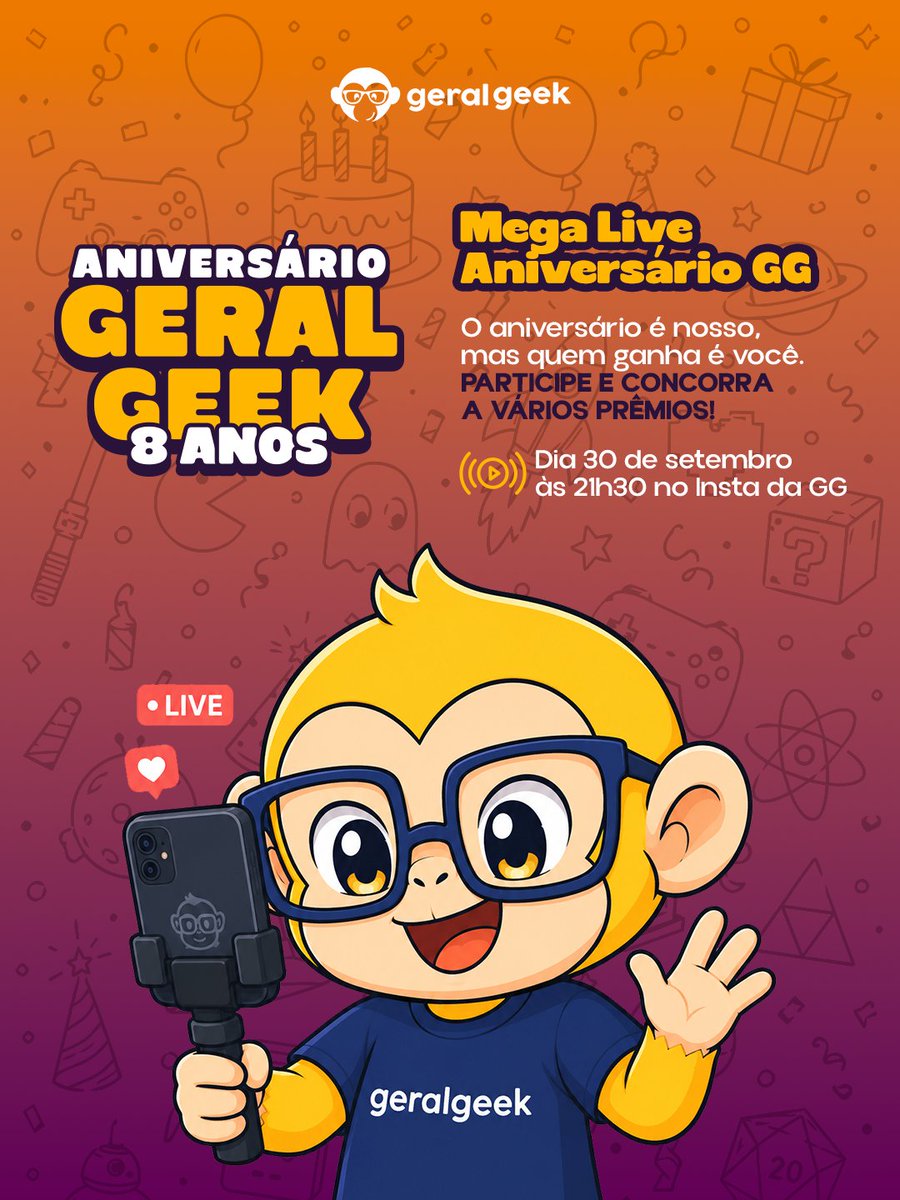 geral_geek's tweet photo. 🎂🎉 A FESTA DE ANIVERSÁRIO DA GG VAI TERMINAR EM GRANDE ESTILO!

No dia 30/09, às 21h30, tem MEGA LIVE DE ANIVERSÁRIO GG no Instagram da Geral Geek!

🎁 Brincadeiras valendo prêmios
💬 Bate-papo
🔥 Promoções exclusivas da live
✨ E muito mais! https://t.co/5qjUepGOTu