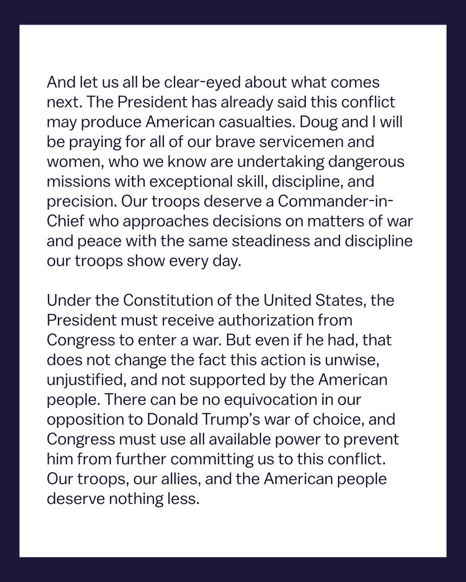kamalaharrizsrw's tweet photo. Donald Trump is dragging the United States into a war the American people do not want. Let me be clear: I am opposed to a regime-change war in Iran, and our troops are being put in harm’s way for the sake of Trump’s war of choice.

Read my full state... https://t.co/qwqwgVqSva