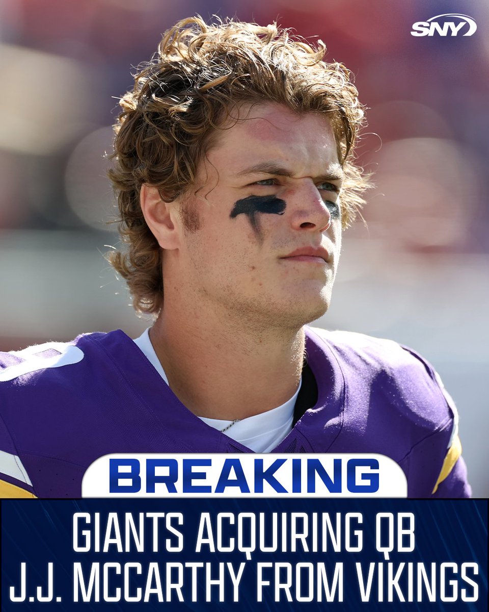 SNYGiants's tweet photo. 🚨 BREAKING 🚨

Per @JayGlazer, the Giants are acquiring J.J. McCarthy from the Vikings in exchange for a 2027 5th-round pick https://t.co/YvC04BE09q