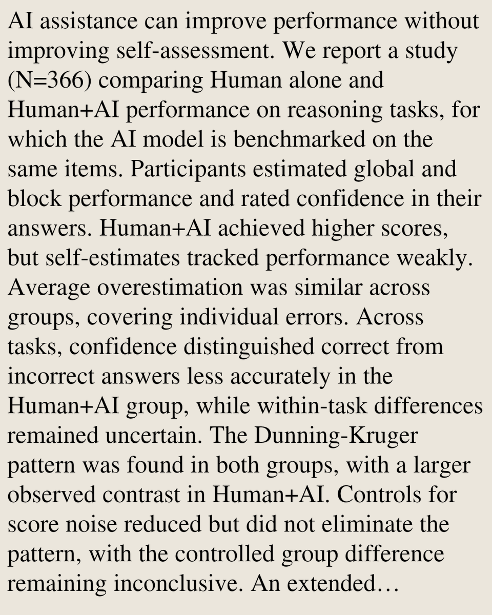 Smartphones's tweet photo. Confident, Not Wiser: The Dunning-Kruger Effect in Human-AI Interaction

Daniela Fernandes, Michelle Rausch, Agnes Mercedes Kloft, Daniel Buschek, Robin Welsch
https://t.co/NgQ7wRI1UP [𝚌𝚜.𝙷𝙲] https://t.co/jWo4XqAXtL