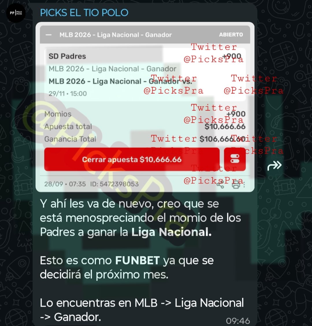 PicksPra's tweet photo. Apuesta futura 🔮 de El Tío Polo para la MLB ⚾ 

Si ustedes me regalan 1 like ♥️ yo les regalo 🎁 más picks para hoy https://t.co/mLqtt6hm57