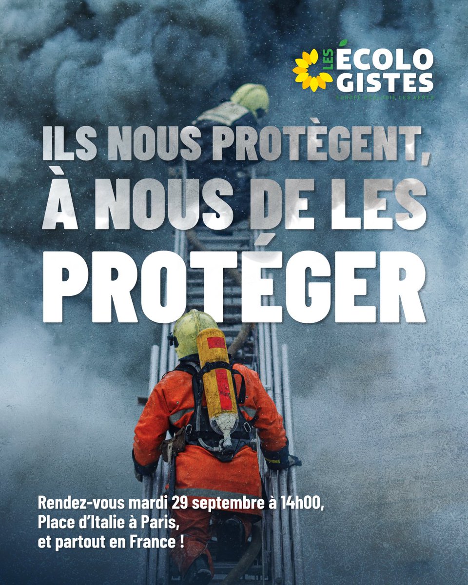 EELV's tweet photo. Cet été, ils ont combattu des incendies hors norme. Ils ont évacué, secouru, protégé. Ils étaient en première ligne face à un dérèglement climatique qui s’intensifie.

Mais derrière, il y a un service public à bout de souffle.

Manque d’effectifs, moyens insuffisants, conditions de travail dégradées : les sapeurs-pompiers alertent depuis des années. Aujourd’hui, ils se mobilisent pour pouvoir continuer à nous protéger.

Le 29 septembre, les Écologistes se joindront à leur mobilisation pour défendre nos services de secours et exiger les moyens nécessaires pour faire face aux crises qui viennent.

Car protéger celles et ceux qui nous protègent, c’est aussi protéger notre avenir.

📍 Rendez-vous mardi 29 septembre, partout en France. À Paris, RDV à 14h Place d'Italie pour rejoindre le cortège des services publics en direction de Nation.