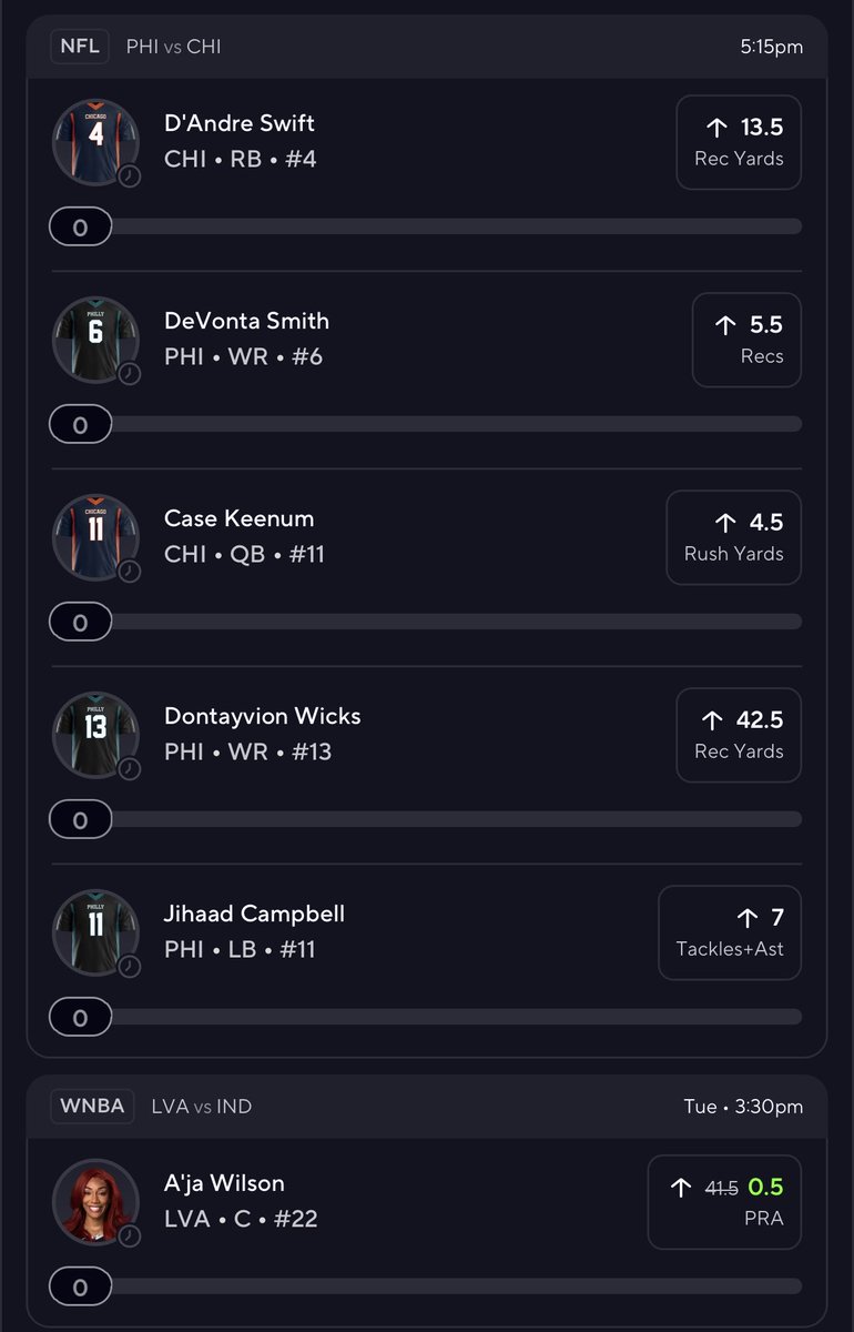 TopShelfSP's tweet photo. PrizePicks 25x with the guaranteed promo pick (A’ja Wilson plays tomorrow) 🚀

🏀 A’ja Wilson o0.5 PRA
🏈 D’Andre Swift o13.5 Rec Yds
🏈 DeVonta Smith o5.5 Recs
🏈 Case Keenum o4.5 Rush Yds
🏈 Dontayvion Wicks o42.5 Rec Yds
🏈 Jihaad Campbell o7 TA https://t.co/daiQxVCnrO