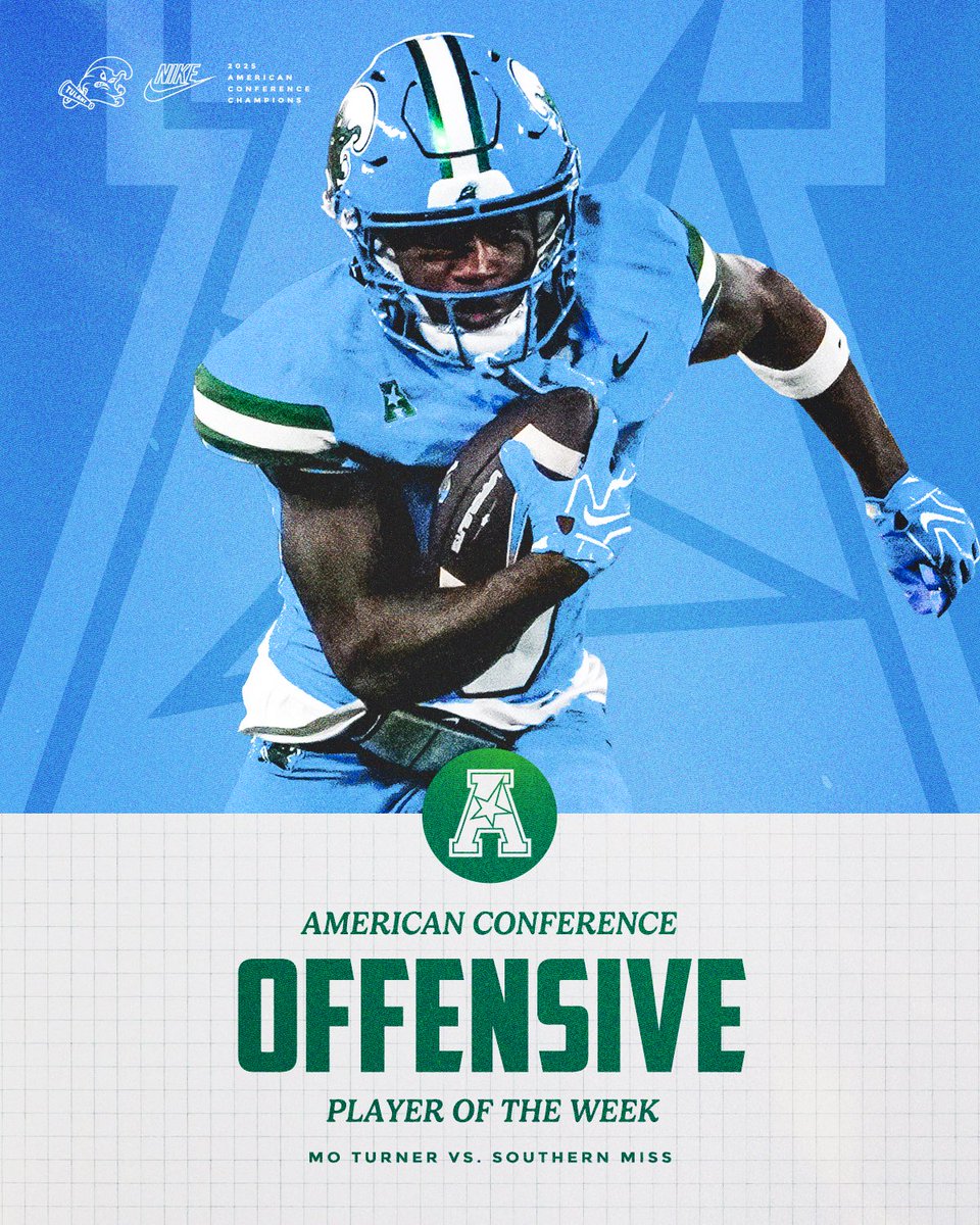 GreenWaveFB's tweet photo. Another 200 yard game at home! 

Maurice Turner is the American Offensive Player of the Week! 

#UptownFootball | #AIE https://t.co/dAfpVjnOxB