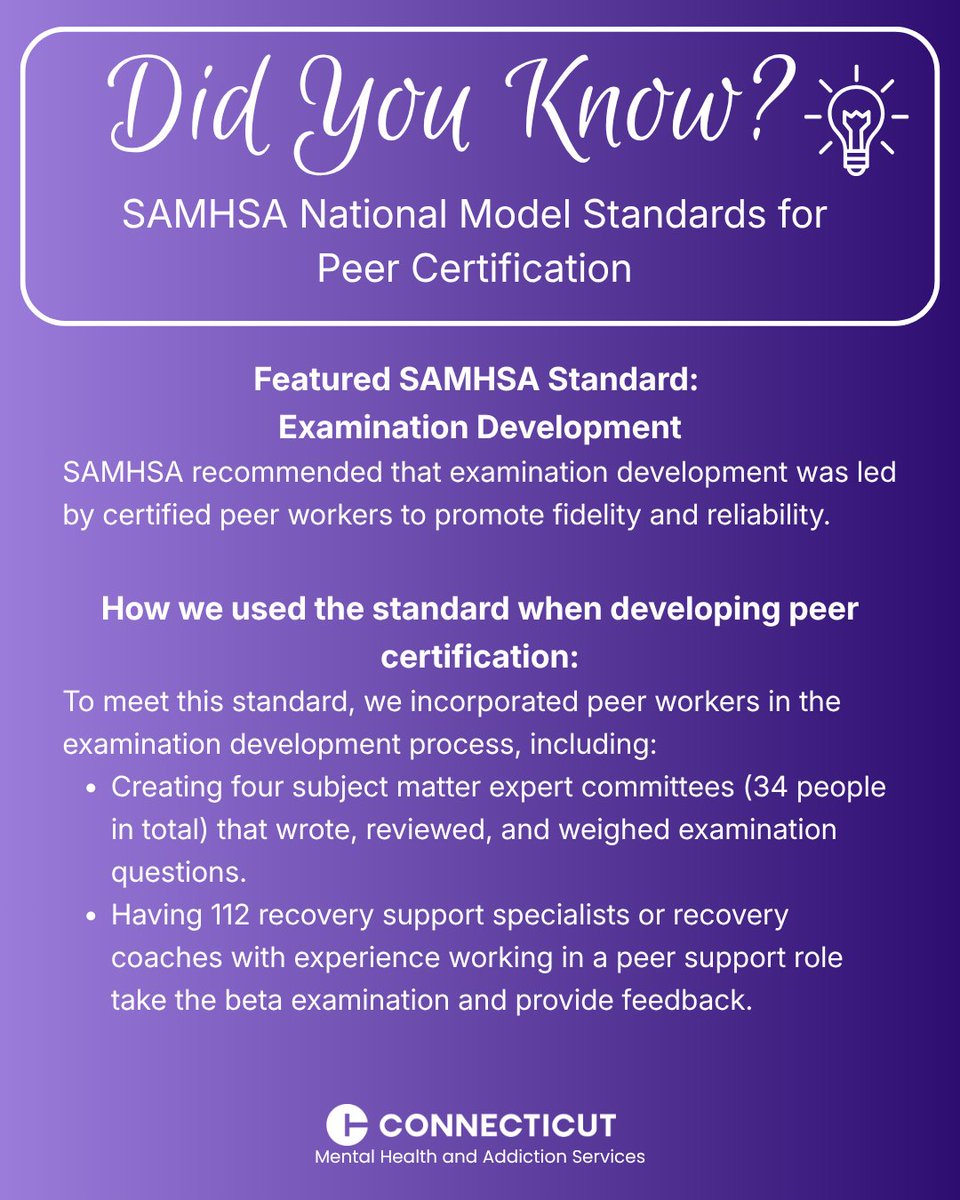 CTDMHAS's tweet photo. Did You Know – SAMHSA National Model Standards for Peer Certification: SAMHSA recommended that certified peer workers lead the peer certification examination development. Learn more about how we fulfilled this standard by collaborating with the peer worker community. https://t.co/wbd8ee7yAf