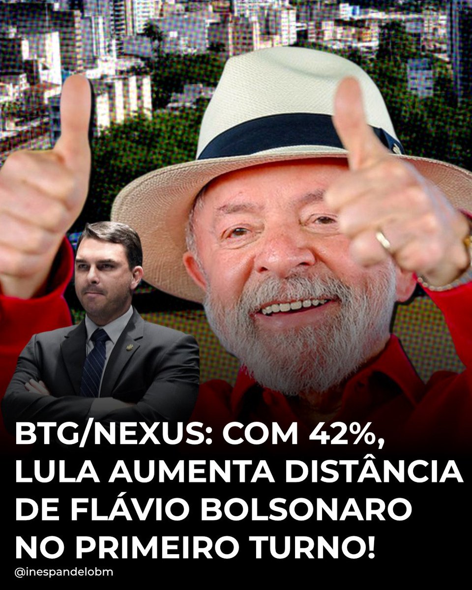 inespandelo's tweet photo. 🚀⭐ É LULA CRESCENDO NO 1° TURNO!
A nova pesquisa BTG/Nexus mostra Lula com 42% contra 37% de Flávio Bolsonaro no 1° turno. São 5 pontos de vantagem.
Mas a eleição ainda não acabou! Temos que redobrar a mobilização. Cada conversa e cada voto fazem toda a diferença.
#Nexus https://t.co/ia74G84IRm
