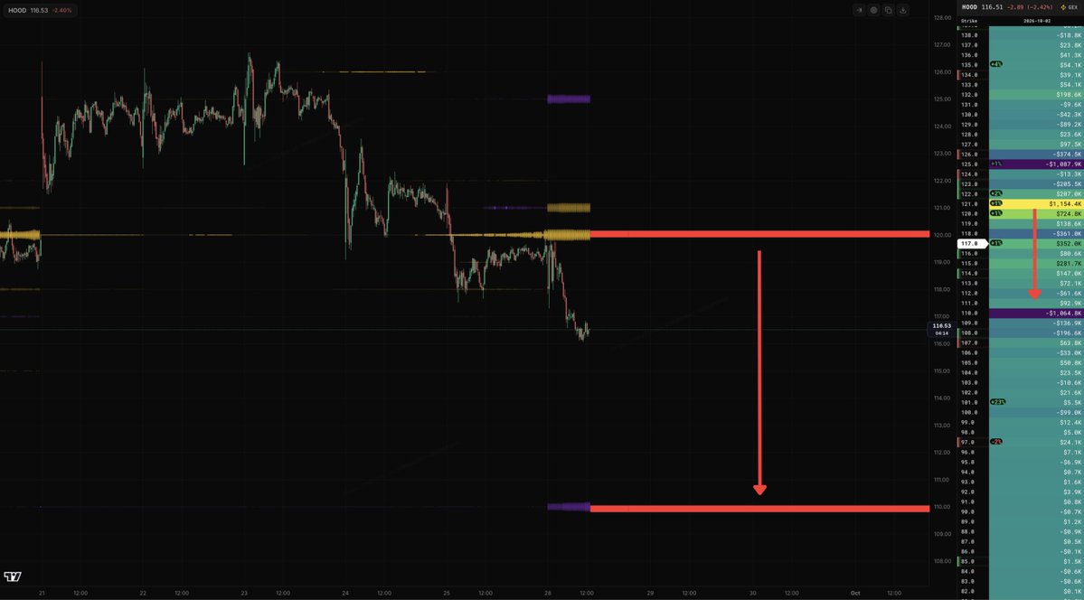 StockTrader_Max's tweet photo. $HOOD Has lost its floor, a move to $110 looks highly likely in the coming days 📉

We can see that there is a large node at $110, this is the target for the coming days 🎯

Watch out for $110 👀 https://t.co/BrmEm4BaFd