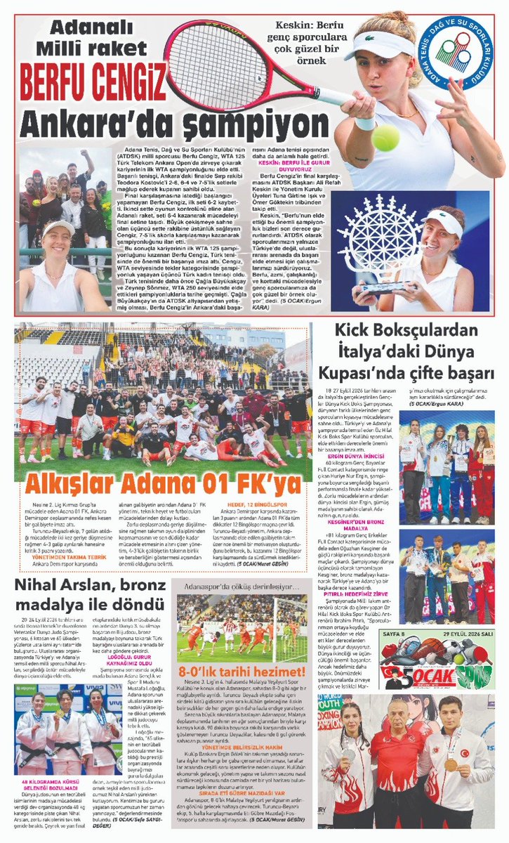 5ocakmedya's tweet photo. 📌 29.09.2026 Tarihli Gazetemizin Spor Sayfası 
@savascokduygulu @sefasaygideger @ergunkara1940 @HakanToytekin @TTForgtr @muderrisgil @atdsk01 @berfu_cengiz @GSB_Adana @MustafaLog80 @adana01fk @siyahcephee @TRkickboksFed @IbrahimPtrl @Judo @AdanasporResmi @turbeylerresmi https://t.co/bs6xzbvwf2