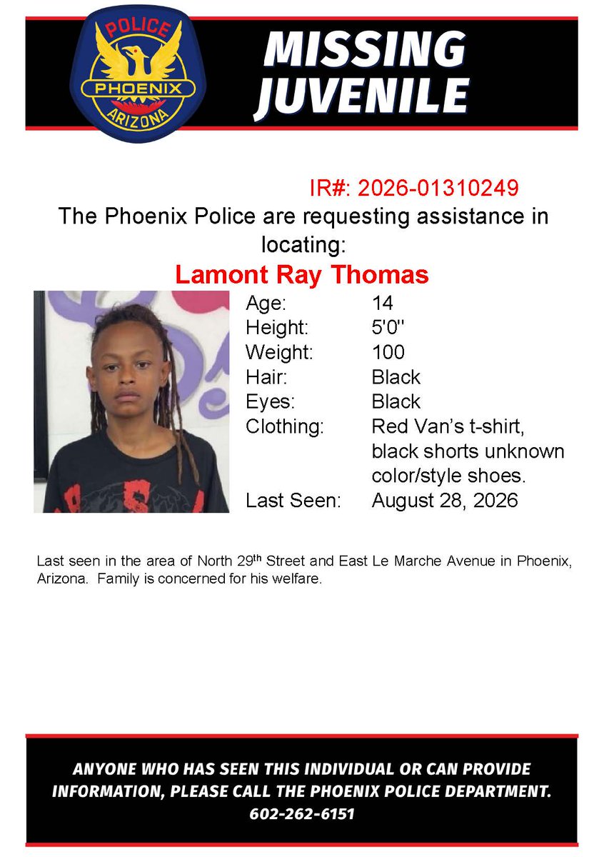 PhoenixPolice's tweet photo. PHXPD is requesting help to locate a missing juvenile. Anyone who has seen this individual or has information, please contact police at 602-262-6151.

Social media comments and direct messages are not a valid way to report information to police. Please call with any information. https://t.co/jiNk3SAc1C