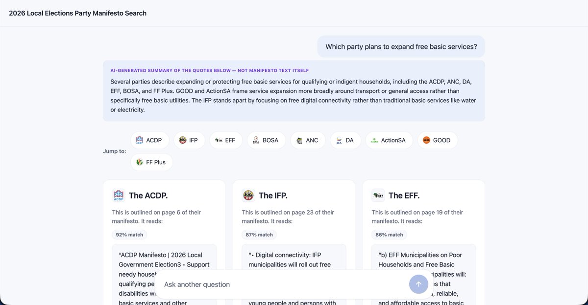 JosiahThobejane's tweet photo. I built a search tool for the 2026 local elections over the weekend.

Ask any keyword question and it shows you what each party's manifesto actually says about that topic with their own words.

Coverage for more parties coming soon 🇿🇦.

https://t.co/i03wkfFzpa #LGE2026 https://t.co/pGT7RBbLNo