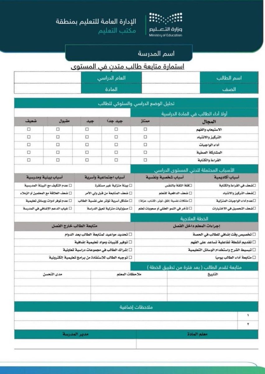 3madAlshareef's tweet photo. للمعلمين والمعلمات:

هذه استمارة متابعة طالب متدني في المستوى قابلة للتعديل👇

https://t.co/cg2hwI8cAo https://t.co/8OnIImfyPb