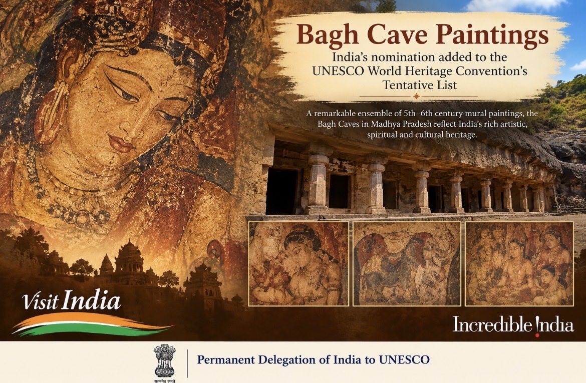 VishalVSharma7's tweet photo. The Bagh Cave Paintings, a remarkable legacy of India’s ancient artistic tradition, have been added to India’s UNESCO World Heritage Tentative List.
A journey into centuries-old art, spirituality and cultural heritage. 🇮🇳 🇺🇳
#VisitIndia #IncredibleIndia #BaghCaves #UNESCO
#TentativeList
@IndiaatUNESCO