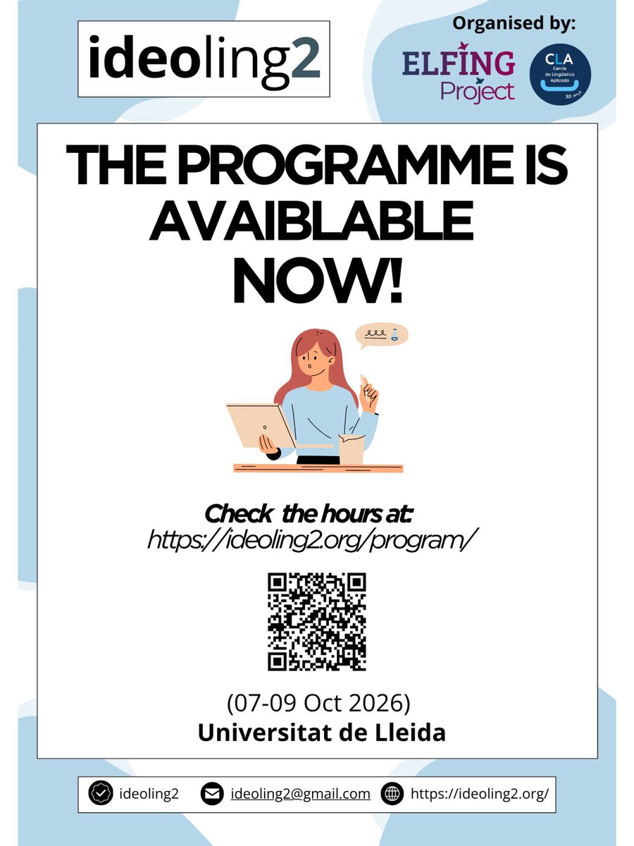 ideoling2's tweet photo. The programme for ideoling2 is finally here! 🤩 We can't wait to welcome you to the Universitat de Lleida from October 7th-9th, 2026.
Check out the full schedule👇
💻 Link: https://t.co/DHNF4uVQJ9 🔗 Or scan the QR code in the image!
#ideoling2 🗣️🌍📚@UdLCLA @Elfing_Project https://t.co/9DEt0bY0Vn