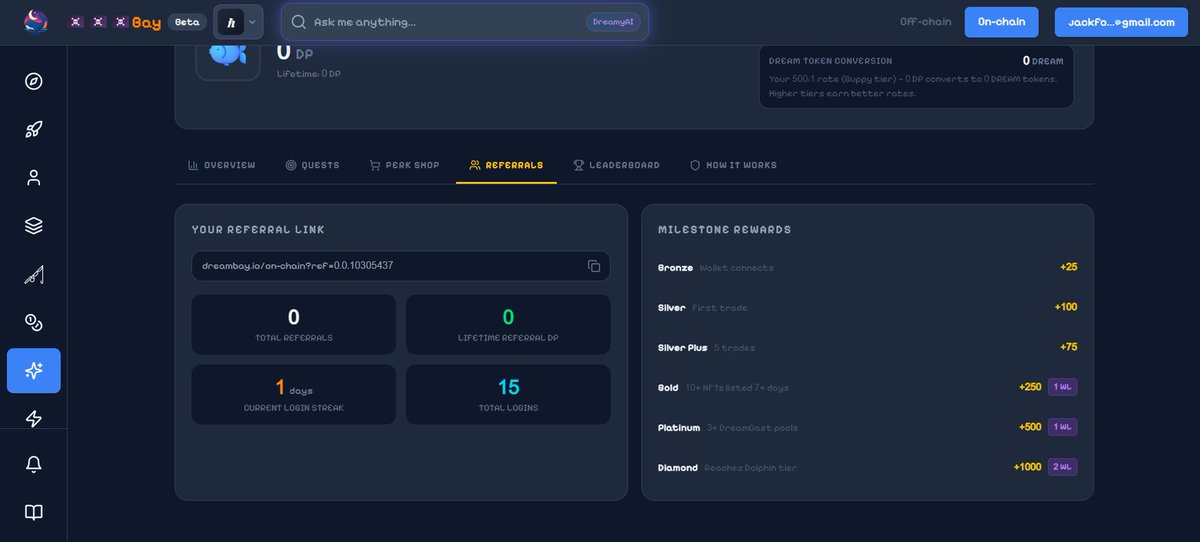 DreamBayio's tweet photo. A referral system that actually rewards growth. 🌊

DreamBay’s Referral system gives you a unique referral link, tracks your referrals and lifetime referral DP, and adds milestone rewards as your network gets more active. 

From wallet connects and first trades to NFT listings, DreamCast pools and reaching higher DreamPoints tiers, there are different milestones to unlock, with DP and even WL rewards along the way. 🌙🐳

And you can track everything directly from your Referral dashboard. 🐋

Would you rather earn through your own activity or build a network and unlock referral milestones? 👀