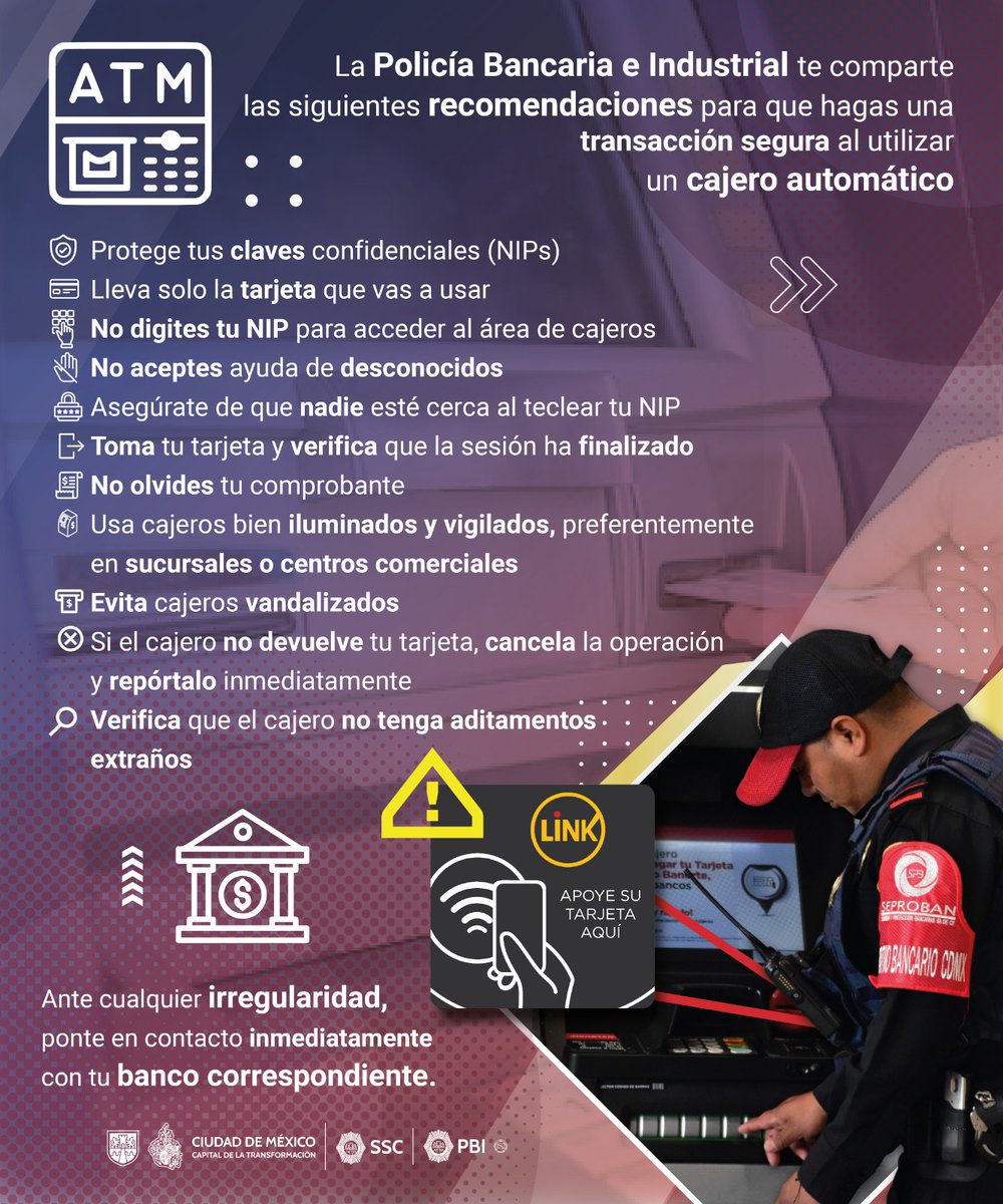 PBI_SSC's tweet photo. 🚨 Para evitar algún riesgo al momento de utilizar el servicio de cajeros automáticos 🏧, la #PBI de la @SSC_CDMX emite recomendaciones. #SiempreAlerta https://t.co/iNw9Nt8Zj6