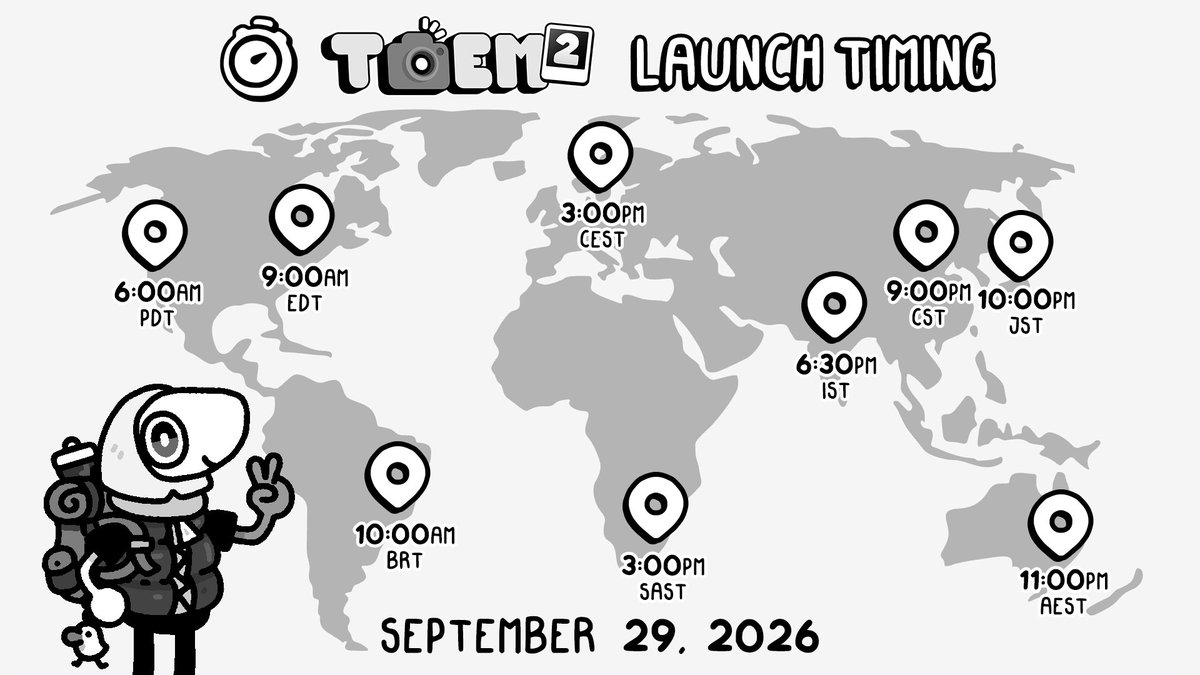 SWMGames's tweet photo. There's less than 24 hours until TOEM 2 is out! ⏰

Check out the map below to see what time it'll be available to you 🖤🤍

TOEM 2 is launching on Steam, PlayStation 5, and Nintendo Switch 1 + 2 https://t.co/YWtt17c9sP